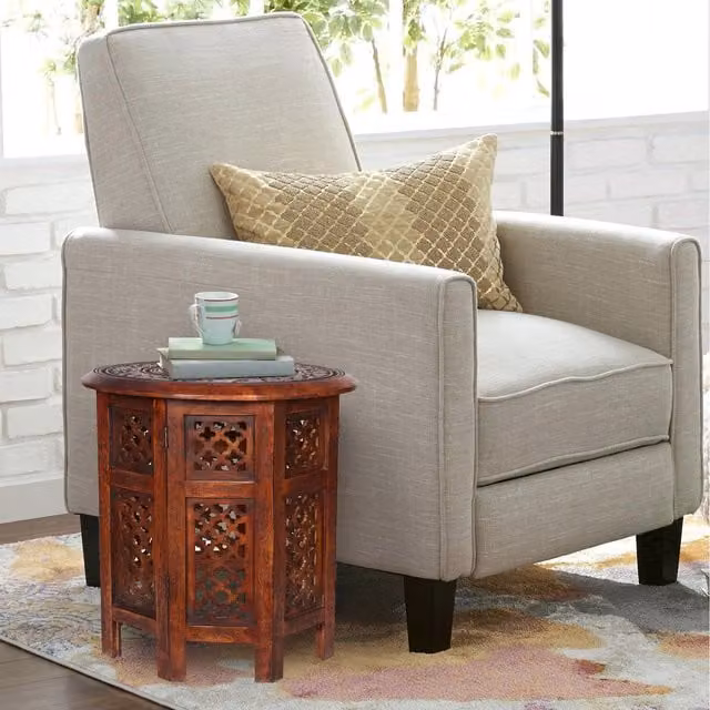 Topfurnishing Round Carved Wooden Coffee, Bedside or End Table in Red and Brown, Diameter: 45 cm