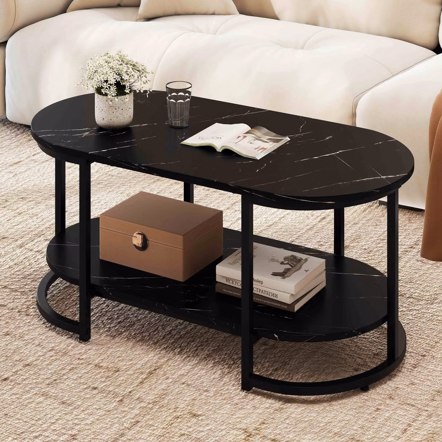 Gymax Modern 2-Tier Marble Coffee Table with Geometric Oval Shelf in Black – 4