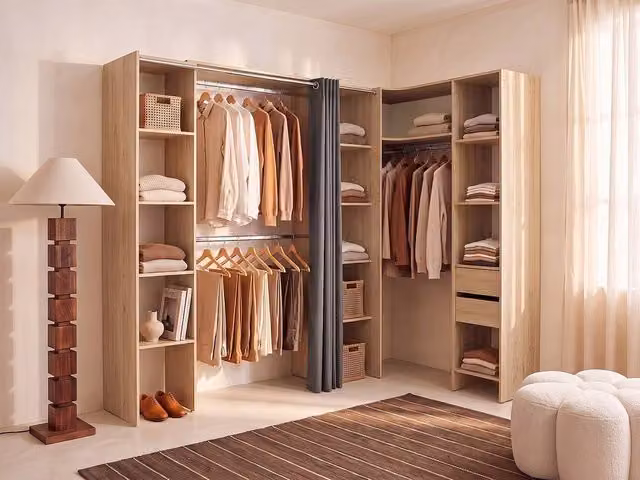 Vente-unique DORIAN Extendable Corner Wardrobe in Light Oak and Grey, H 205 x W 164/234 x D 60 cm