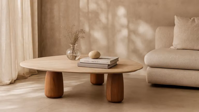 Basilca Coffee Table by Tommy Franks in Walnut and Travertine Natural Stone, Oval, W/D/H: 150 x 85 x 31 cm