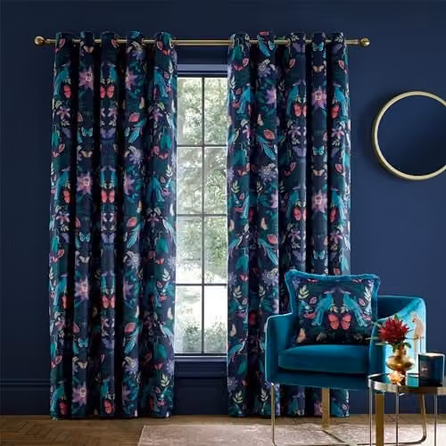 Catherine Lansfield Mya Tropical Floral Lined Eyelet Curtains, Two Panels, Navy Blue