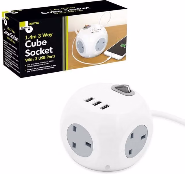 Benross Cube Extension Power Lead with 3 UK Sockets and 3 USB Ports, 1.4m, White