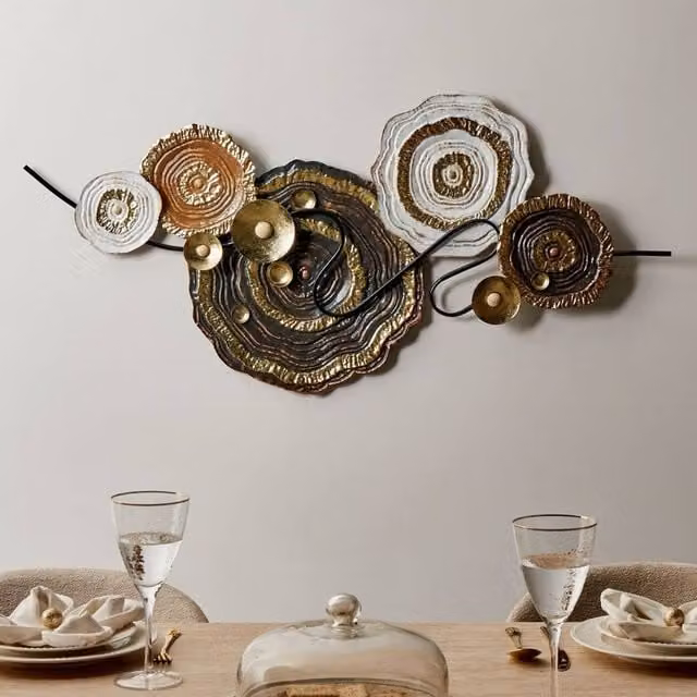Wyld and Coco Modern Geometric Metal Wall Decor, Multicolour Gold and White Abstract Circular Wall Art