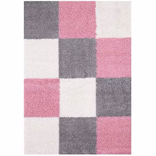 THE RUGS Modern Checked Shaggy Area Rug in Pink and Grey, W/D/H: 180 x 270 x 3 cm – 4