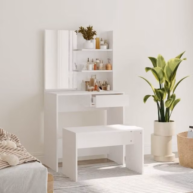 Berkfield Home Modern White Dressing Table Set, W/D/H: 74.5 x 40 x 141 cm