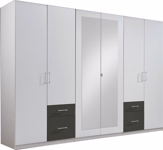 TJS Fly 6 Door Wardrobe with Graphite Drawers in White