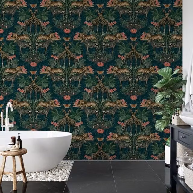 Grandeco Life Animal Kingdom Jungle Wallpaper in Green, Pink and Grey