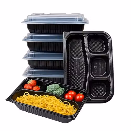 ECONX Black 4 Compartment Takeaway Meal Prep Containers with Snap Lids, Microwave and Freezer Safe, BPA Free Plastic – 1