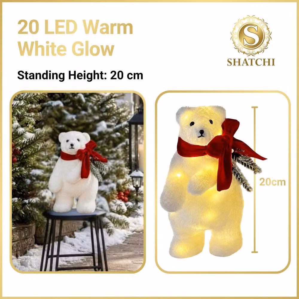 Shatchi Battery Operated Warm White LED Polar Bear Christmas Decoration, White and Red, Height: 20 cm – 3