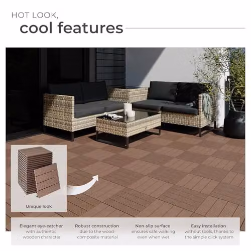 tectake 22-Piece WPC Decking Tile Set in Brown, 31 x 31 cm per Tile, 2.1142m² Total Area – 3