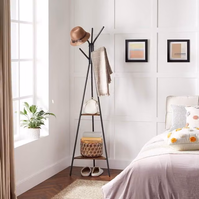 The Bazaarist Industrial Hallway Coat Stand with Shelves in Black and Brown