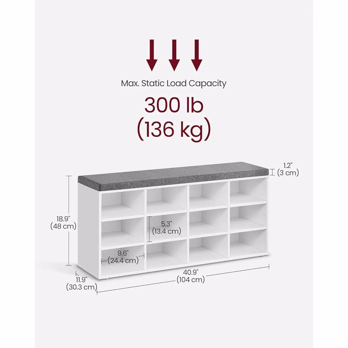 VASAGLE White 12 Compartment Shoe Storage Bench with Adjustable Shelves and Padded Fabric Seat – 2