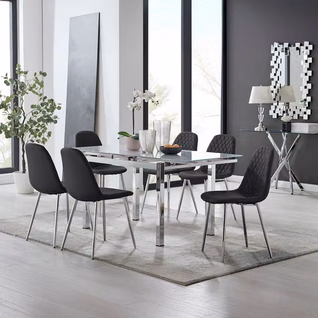 Furniturebox Enna White Glossy Glass Extending Dining Table and 6 Corona Silver Leg Chairs in Black