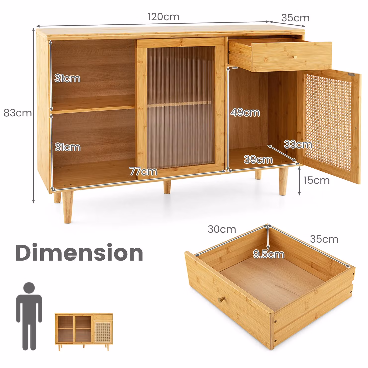 Costway Buffet Sideboard Kitchen Storage Cabinet with Tempered Glass Sliding Doors in Natural Brown – 3