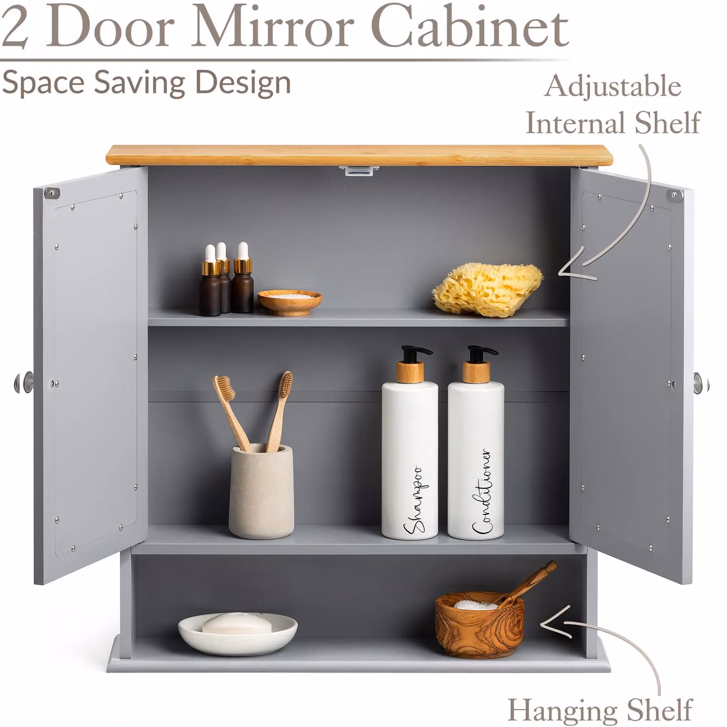 Christow Grey Wooden Double Mirrored Bathroom Cabinet, Wall Mounted Storage Unit, W/D/H: 58 x 13 x 56 cm – 3
