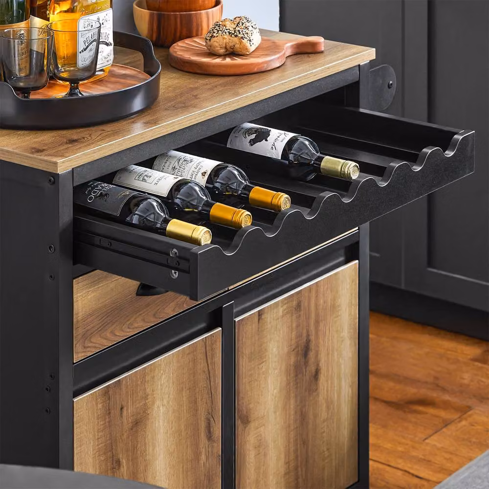 SoBuy Industrial Kitchen Trolley with Wine Rack and Storage in Brown and Black – 4