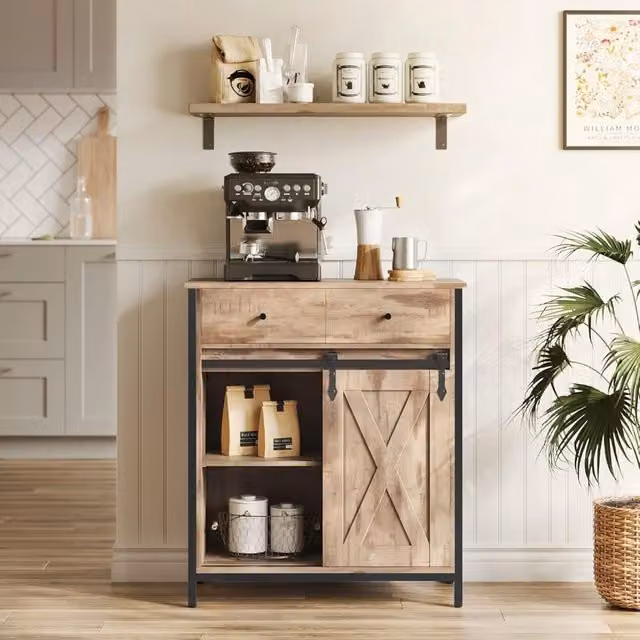 The Bazaarist Modern Freestanding Kitchen and Living Room Storage Cabinet with Sliding Doors and Internal Shelves in Brown and Black