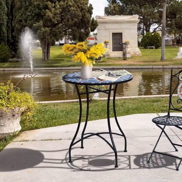EONLION Blue Mosaic Round Patio Side Table with Geometric Design, Diameter: 100 cm – 1