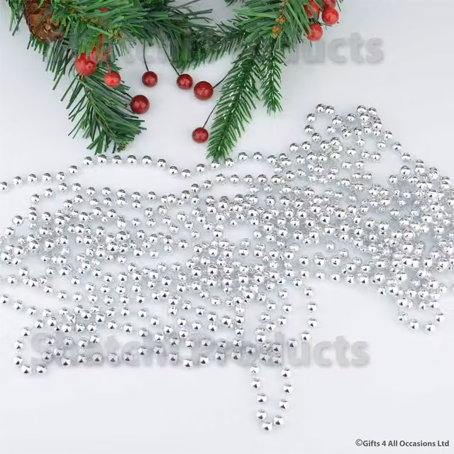 Shatchi Silver Shiny Christmas Bead Chain Metallic Beaded Garland for Christmas Tree Hanging Decorations