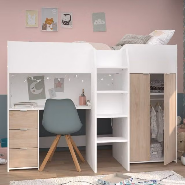 Parisot Tom Junior Highsleeper Bed with Integrated Lighting and Wardrobe in White and Oak Effect