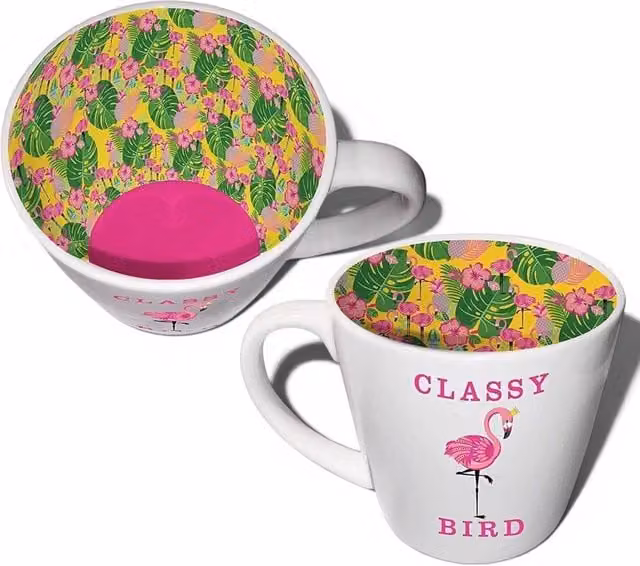 WPL Pink and White Floral Ceramic Flamingo Design Mug for Adults