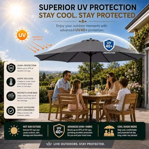 GlamHaus Garden Parasol Umbrella with UPF 40 Protection and Cover, Grey Steel and Polyester – 4