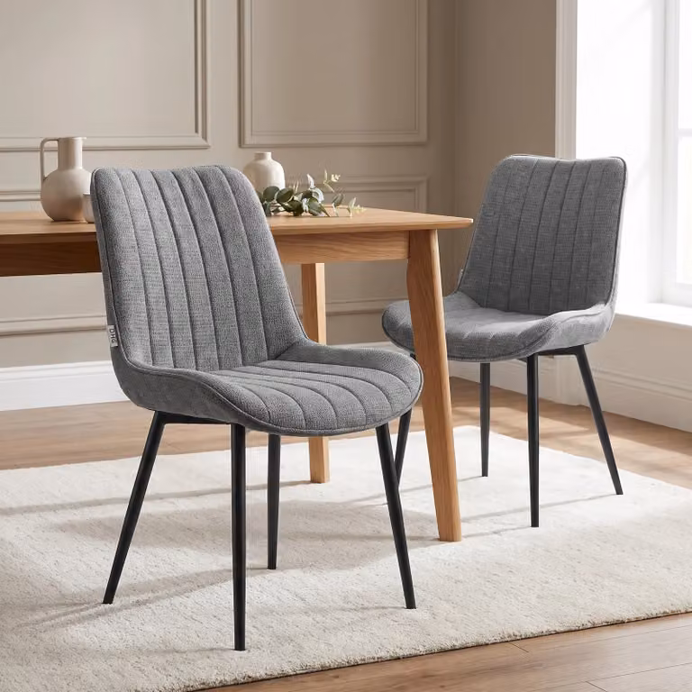 DHS Set of 2 Grey Vertical Lining Fabric Dining Chairs with Metal Upholstered Frame