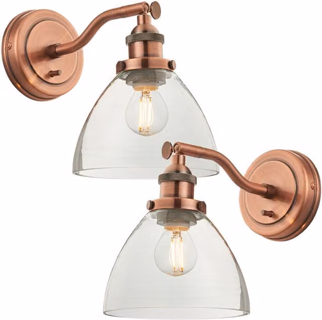 Loops 2 Pack Dimmable LED Wall Light in Aged Copper with Transparent Glass Shade, Adjustable Industrial Fitting