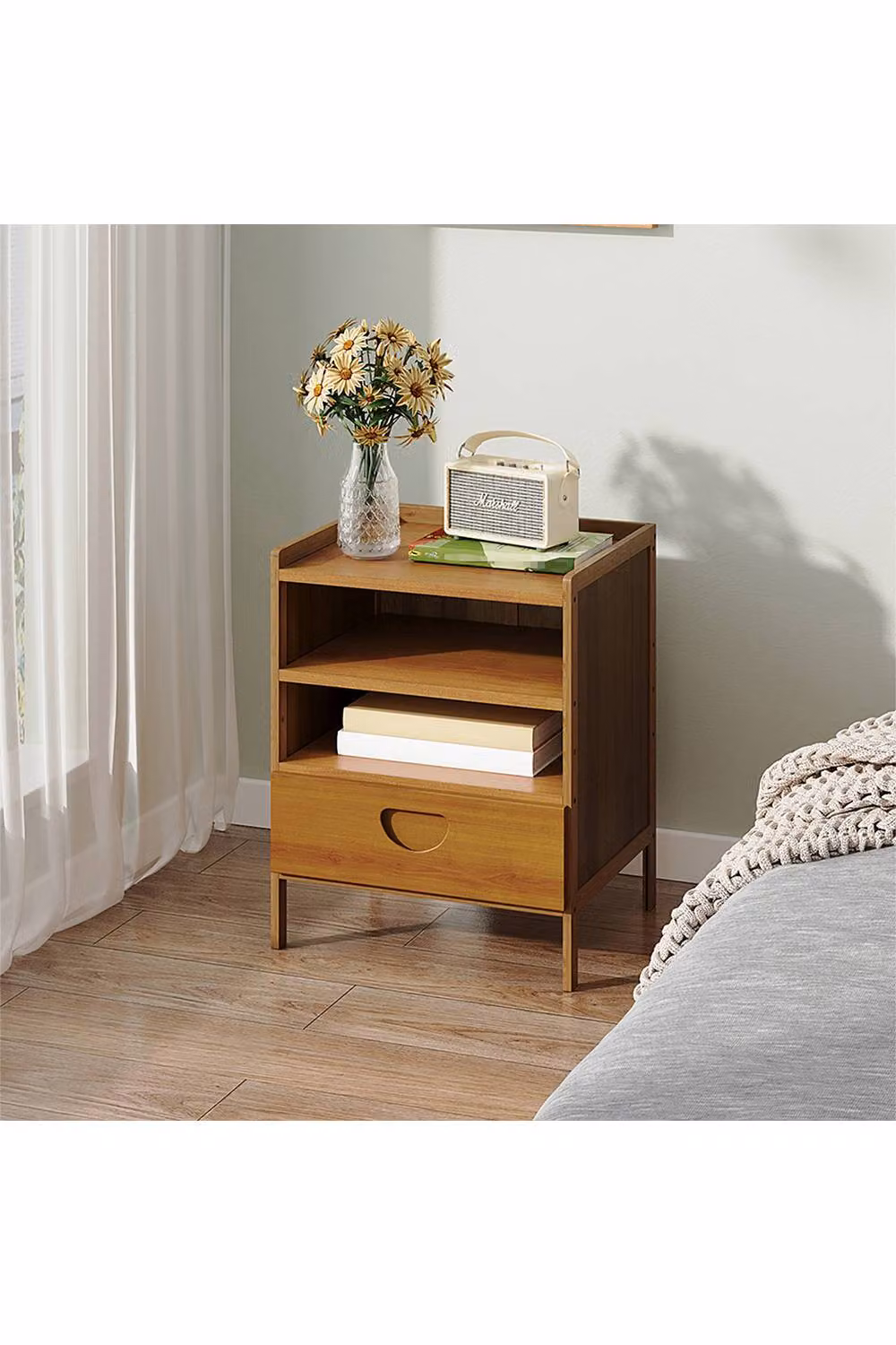 Living and Home Modern Minimalist Bedside Table with Drawer in Brown – 2