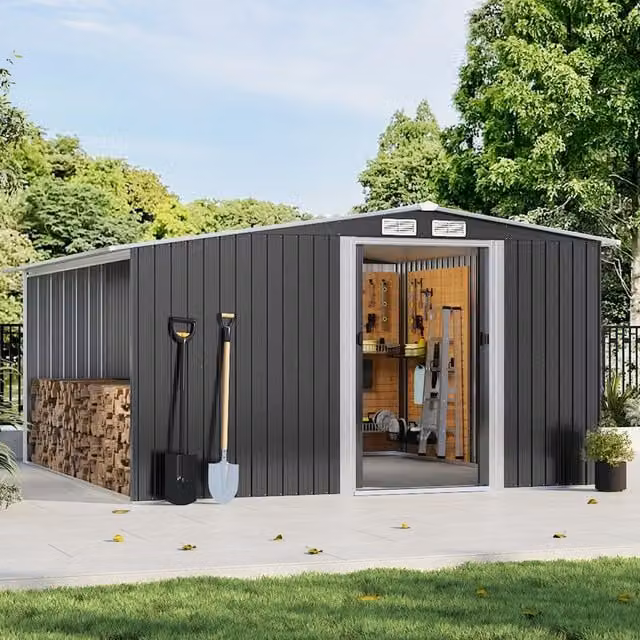 Breeins Metal Garden Shed with Log Store in Matt Black/Anthracite