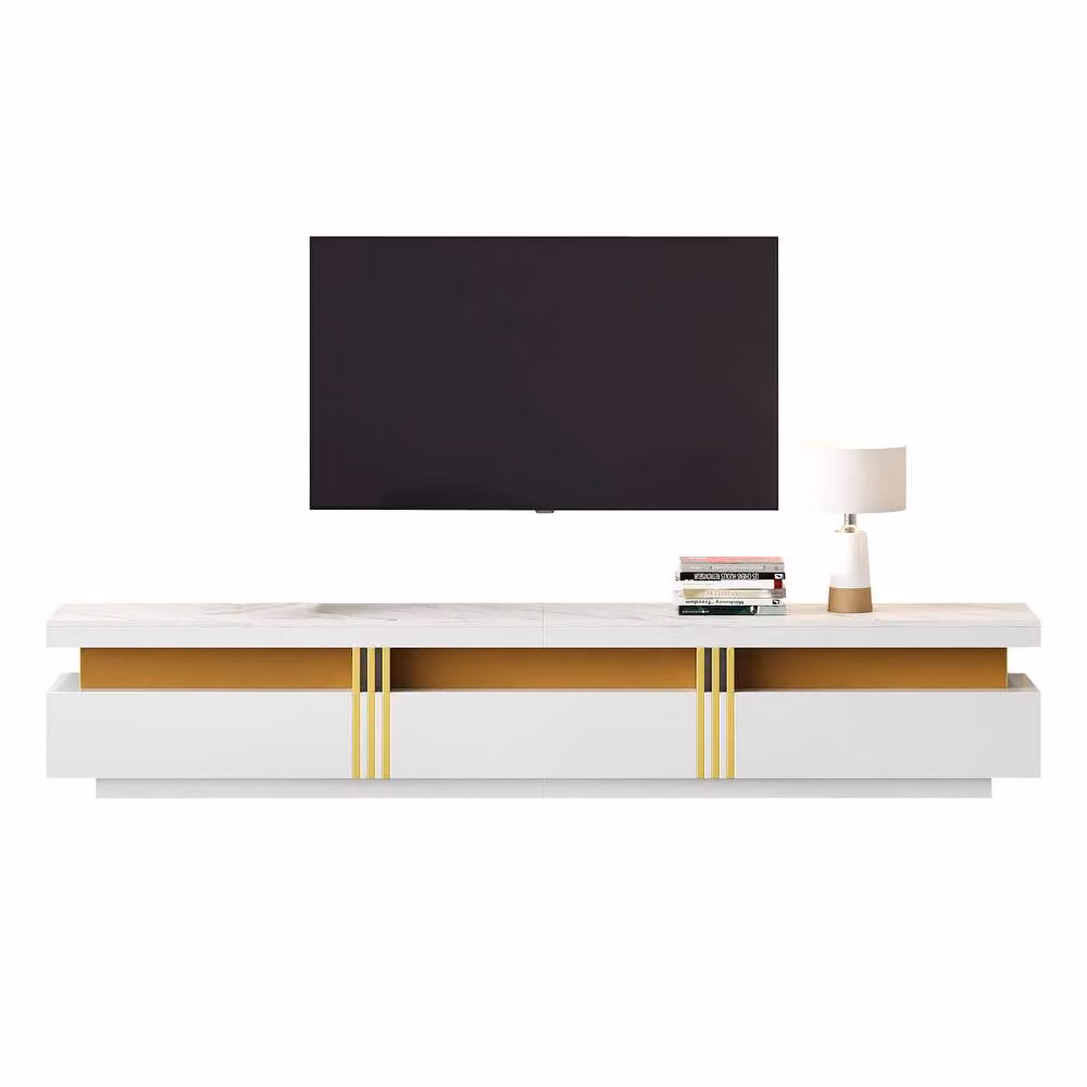 Merax Modern White and Gold TV Stand with Media Compartments, W: 200 cm, D: 40 cm, H: 42 cm – 3