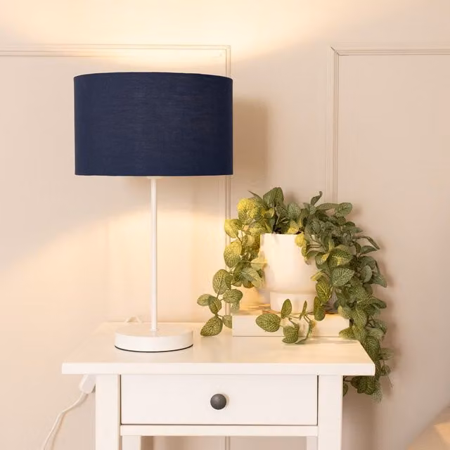 ValueLights Charlie White Metal Single Stem Table Lamp with Navy Blue Fabric Drum Shade – 2