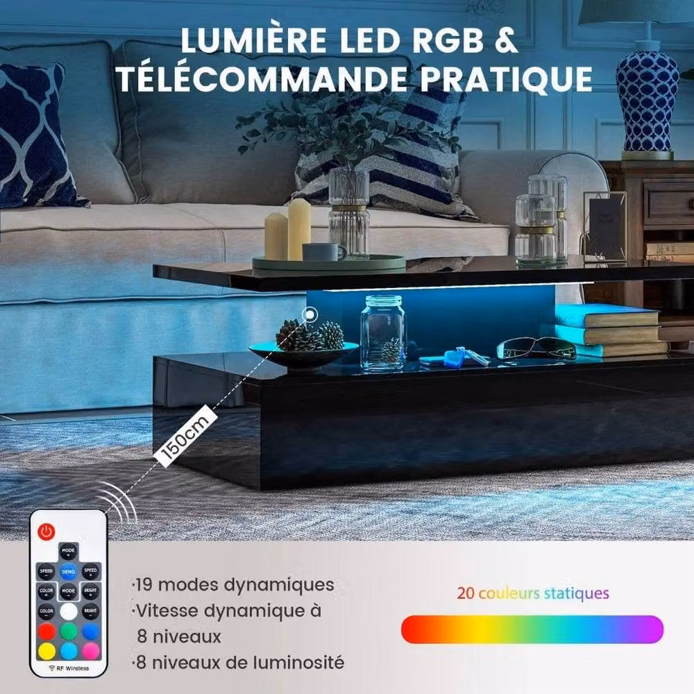 FORGEVIO 2 Tier Modern Black Coffee Table with 20 Colour LED Lights – 4