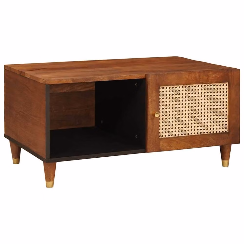Berkfield Home Brown Cane and Solid Mango Wood Coffee Table with Shelf – 1