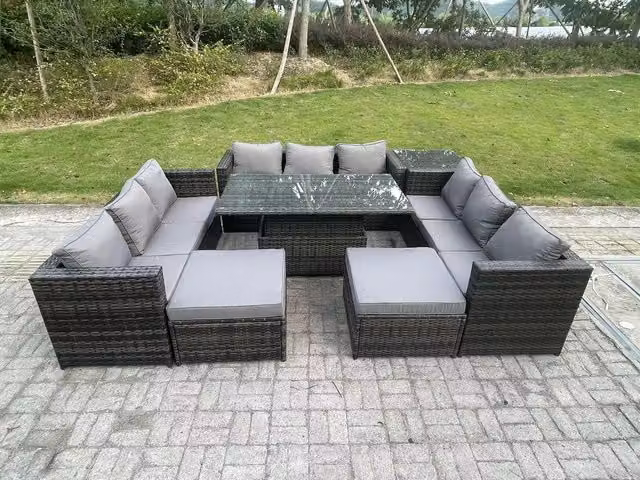 Fimous 11 Seater Outdoor Rattan Garden Furniture Set with Adjustable Rising Lifting Dining Table in Dark Grey