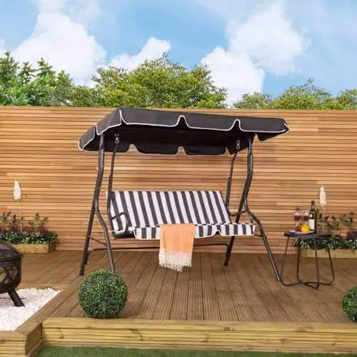 Charles Bentley 2-3 Seater Outdoor Garden Swing Seat Hammock Chair in Grey and White Striped with Sun Canopy and Cushions, W/D/H: 173 x 111 x 154 cm – 6