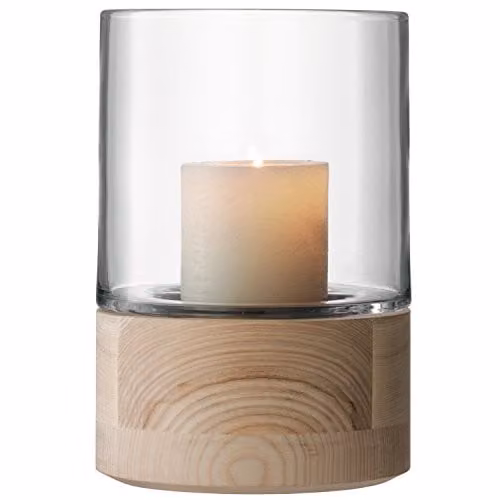 LSA International Lotta Tabletop Lantern in Clear Glass and Ash Wood, H: 22.5 cm, W: 24 cm, D: 15.24 cm
