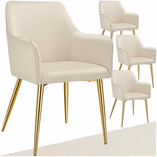 tectake Set of 4 Avane Dining Chairs in Beige Velvet-Look Fabric with Gold Metal Legs – 1