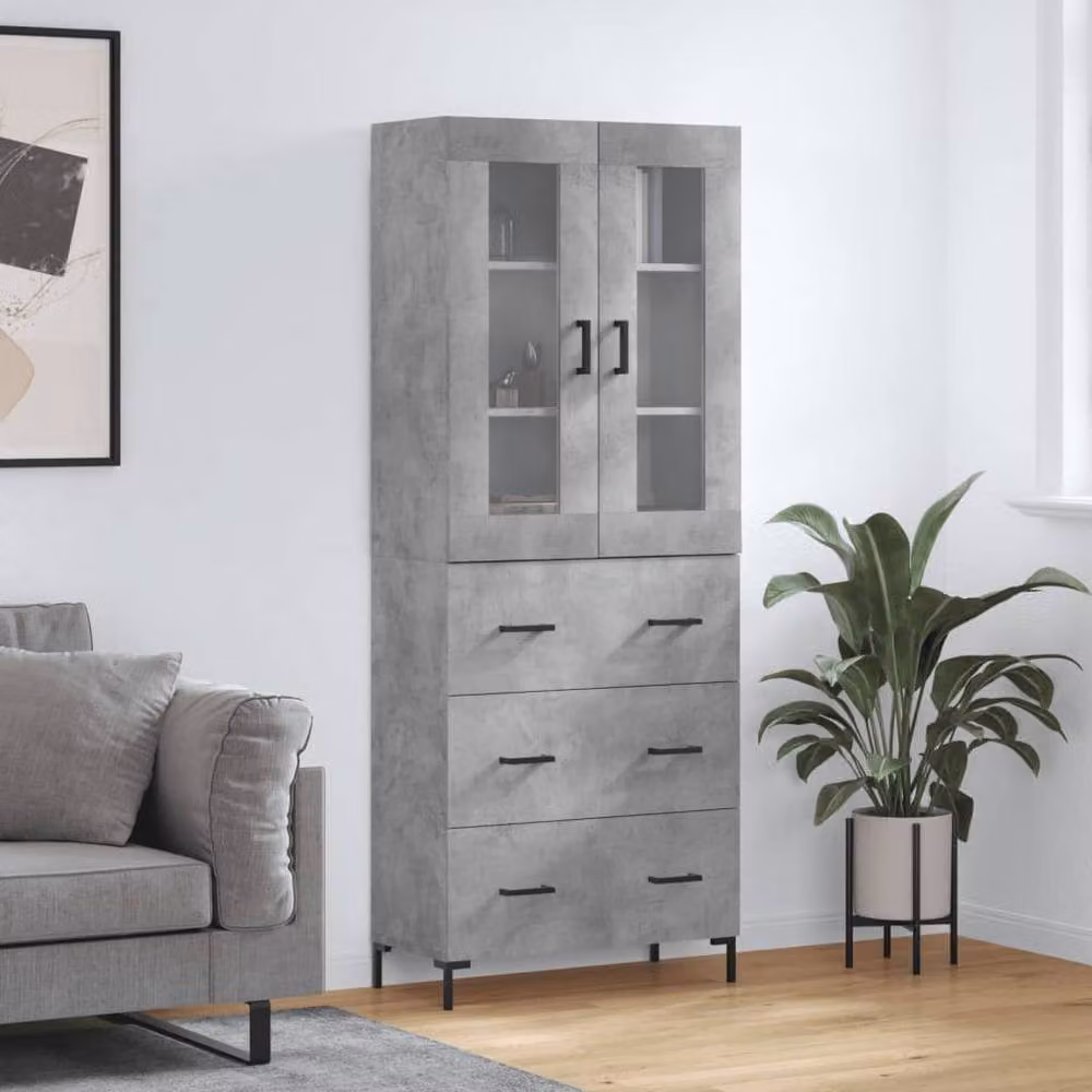 Berkfield Home Highboard in Concrete Grey with Glass Doors and Internal Shelves, W/D/H: 69.5 x 34 x 180 cm – 2