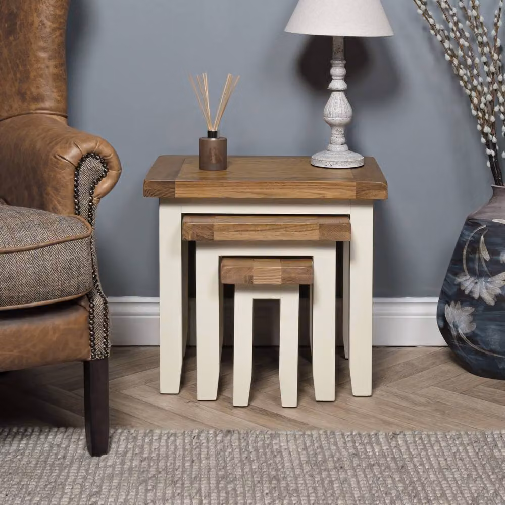 Elm Home And Garden Nest Of 3 Oak Side Tables in White and Beige – 2