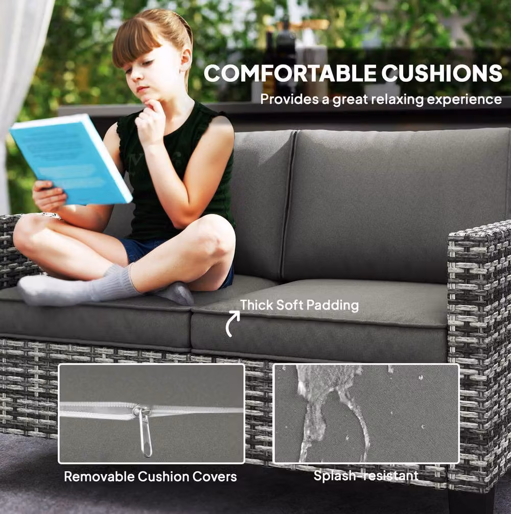 STILVORA Two-Seater Garden Sofa with Cushions in Grey, Metal and Rattan, W/D/H: 128 x 75 x 74 cm – 6
