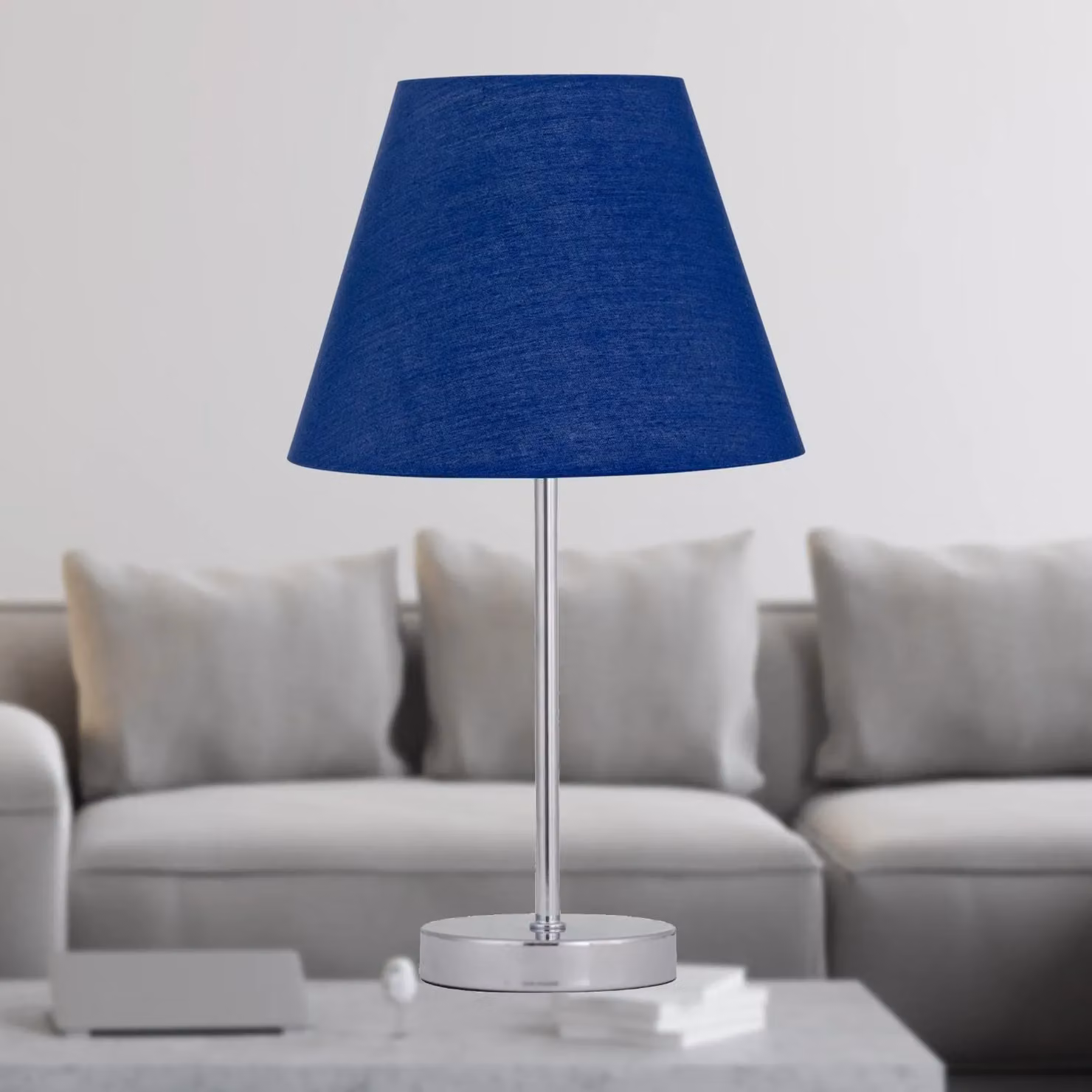First Choice Lighting Chrome Stick Table Lamp with Blue Fabric Shade – 2