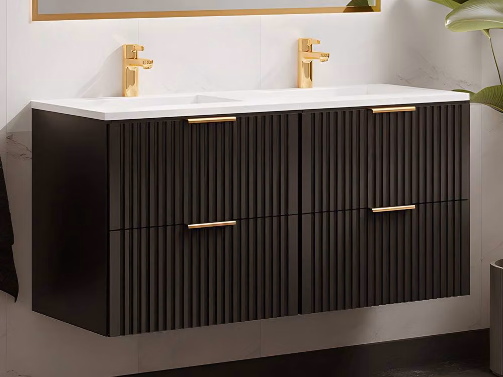 Vente-unique Ribbed Suspended Bathroom Unit with Built-in Washbasin, Black, W: 120 cm, D: 46 cm, H: 57 cm – 3