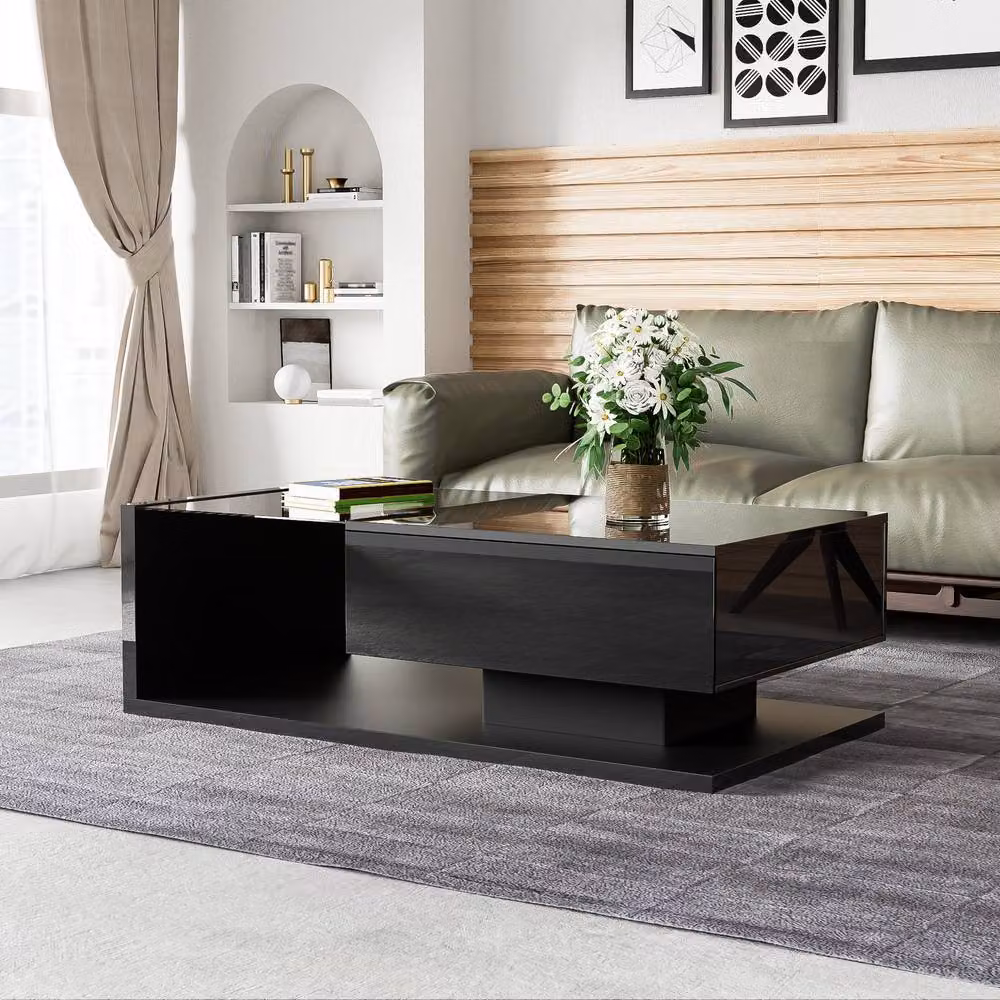 BTM Modern High Gloss Rectangular Coffee Table with Glass and LED in Black and White, W/D/H: 55 x 32.5 x 30 cm – 7