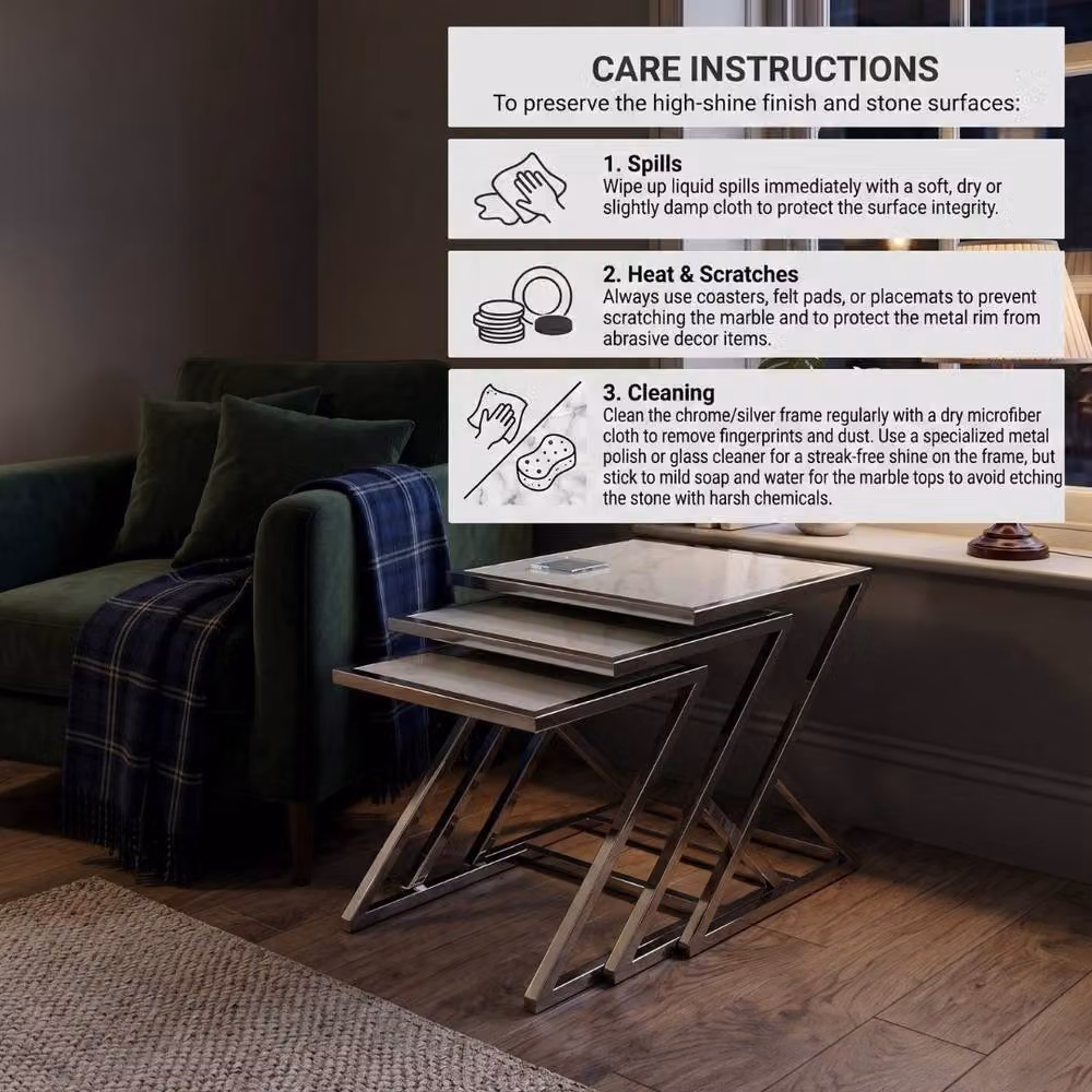 Home Luxe Interior Carra Silver Nest of 3 Tables with White Marble Tops and Silver Metal X-Frame – 8