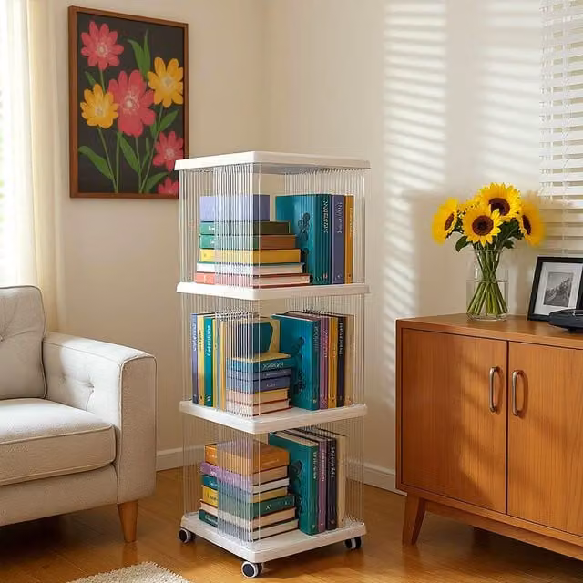 Livingandhome 3-Tier White Plastic Square Bookcase with Castors