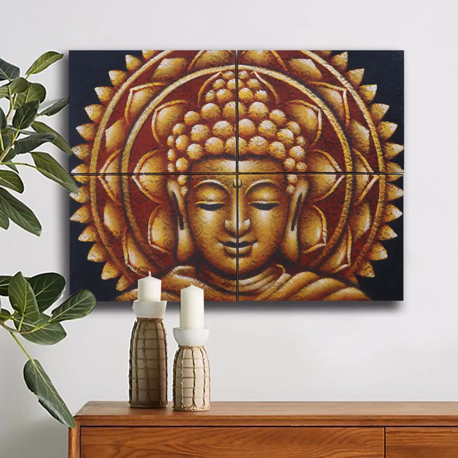 KDMD Set of 4 Gold Buddha Mandala Brocade Detail Oriental Hanging Canvas Paintings in Brown, W: 30 cm, H: 40 cm – 2