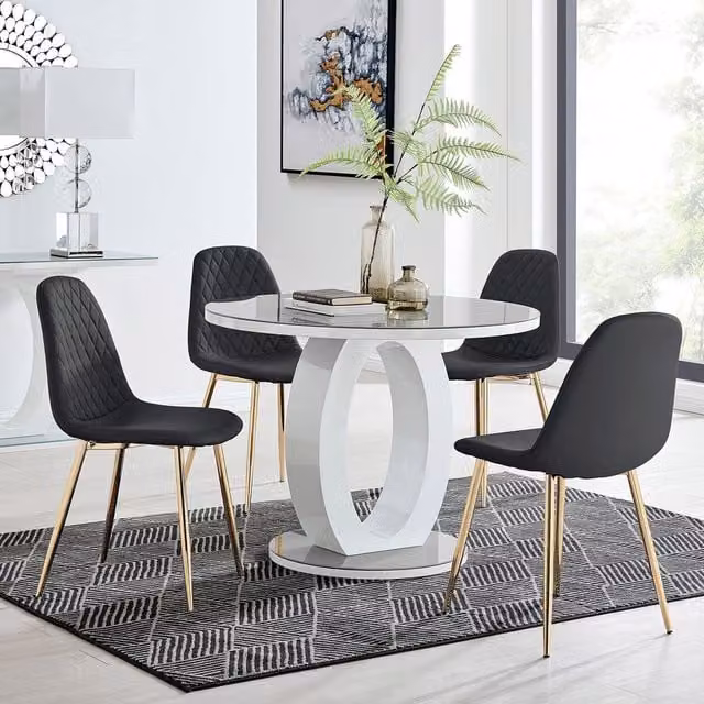 FurnitureboxUK Giovani Round Grey Glass Dining Table and 4 Corona Gold Chairs Set in Black, Diameter: 120 cm