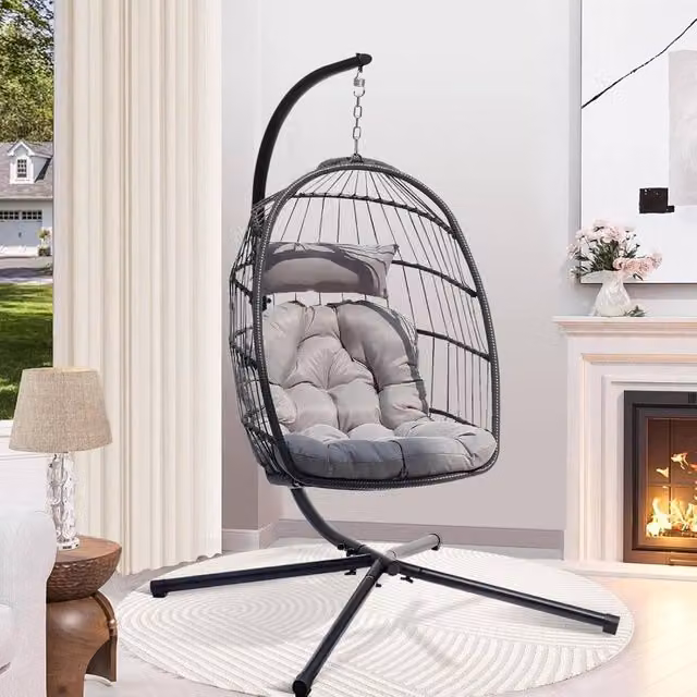 Lishetimig Hanging Egg Chair with Stand, Cushion and Headrest in Grey – 1