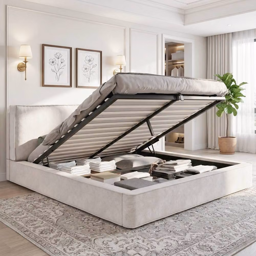 Matteo Beige Chenille Upholstered Double Ottoman Storage Bed Frame W: 140 cm, D: 200 cm, H: 135 cm – 2